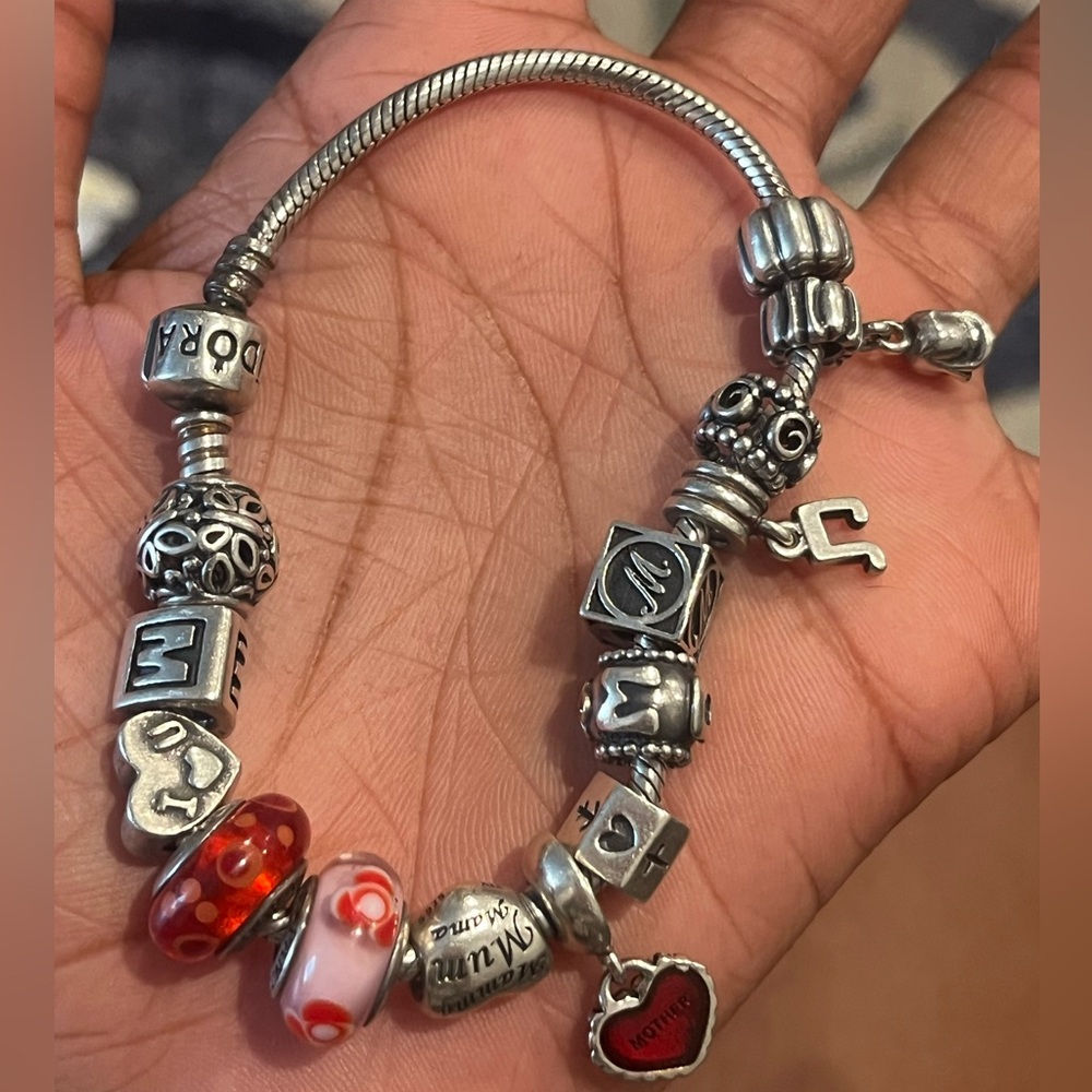 Pandora Silver Bracelet with Red Murano Glass Charms Pre-Owned